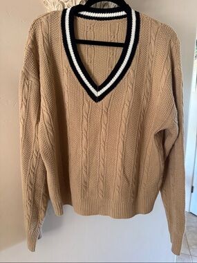 Men's Cable-Knit V-Neck Sweater in Tan with Contrast Trim